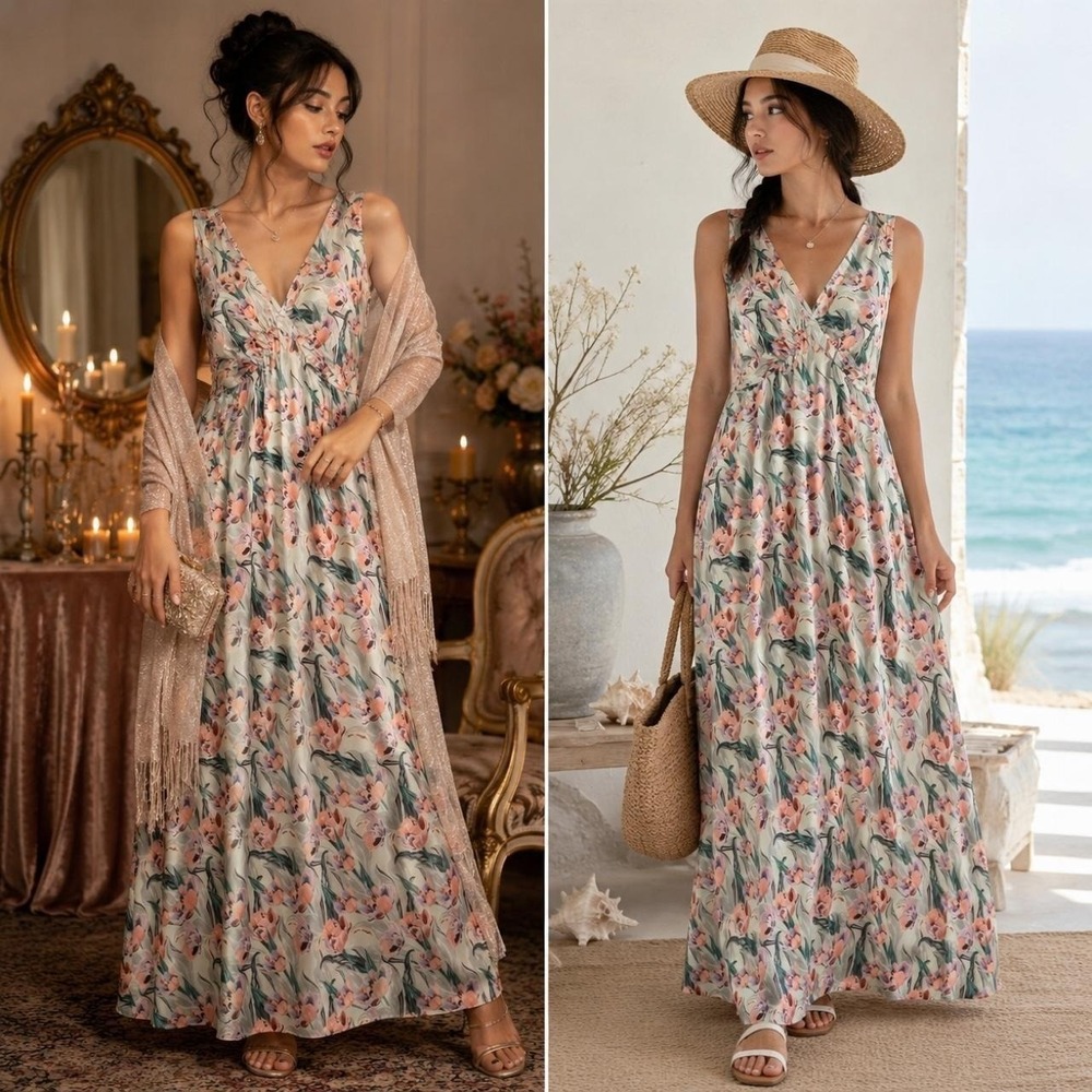 Anna Grace Maxi Dress M Green Floral Sleeveless Wedding Botanical Romantic Silky